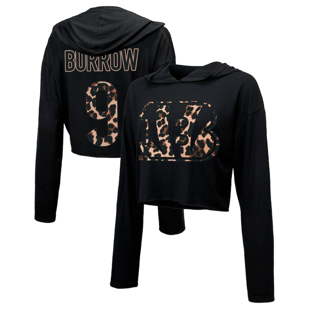 Joe Burrow Cincinnati Bengals Majestic Threads Women's Leopard Player Name & Number Long Sleeve Cropped Hoodie Black - NFL