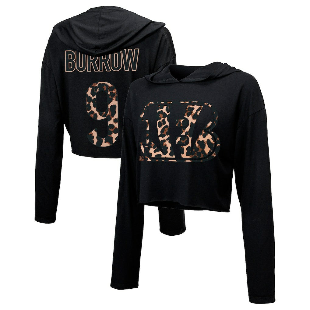 Joe Burrow Cincinnati Bengals Majestic Threads Women's Leopard Player Name & Number Long Sleeve Cropped Hoodie Black - NFL