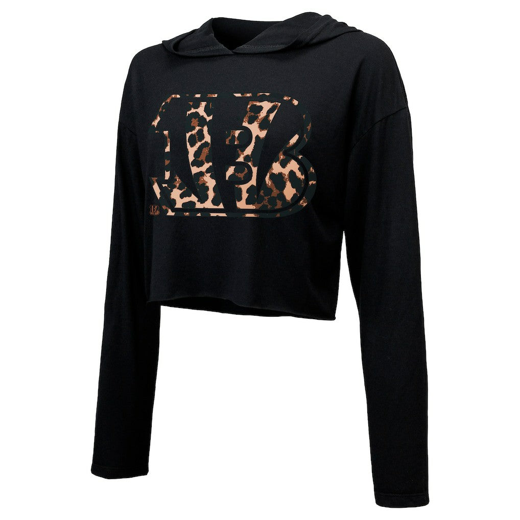 Joe Burrow Cincinnati Bengals Majestic Threads Women's Leopard Player Name & Number Long Sleeve Cropped Hoodie Black - NFL