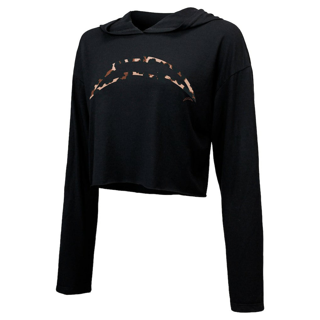 Justin Herbert Los Angeles Chargers Majestic Threads Women's Leopard Player Name & Number Long Sleeve Cropped Hoodie Black - NFL