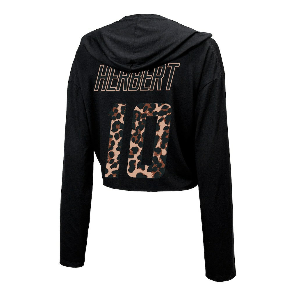 Justin Herbert Los Angeles Chargers Majestic Threads Women's Leopard Player Name & Number Long Sleeve Cropped Hoodie Black - NFL