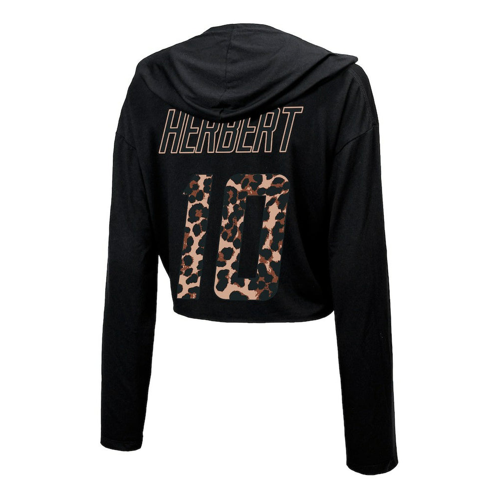 Justin Herbert Los Angeles Chargers Majestic Threads Women's Leopard Player Name & Number Long Sleeve Cropped Hoodie Black - NFL
