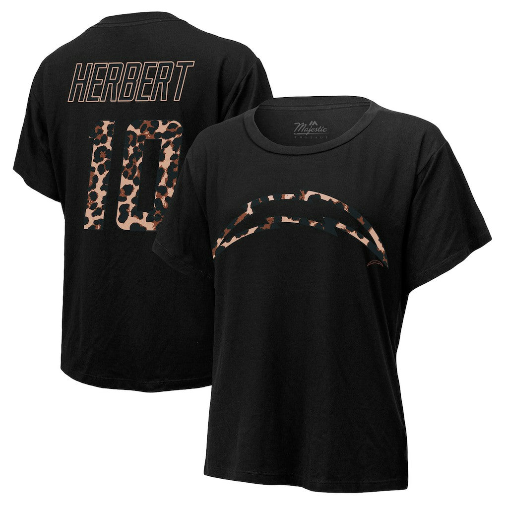 Justin Herbert Los Angeles Chargers Majestic Threads Women's Leopard Player Name & Number T-Shirt Black - NFL