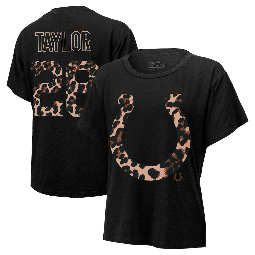 Jonathan Taylor Indianapolis Colts Majestic Threads Women's Leopard Player Name & Number T-Shirt Black - NFL