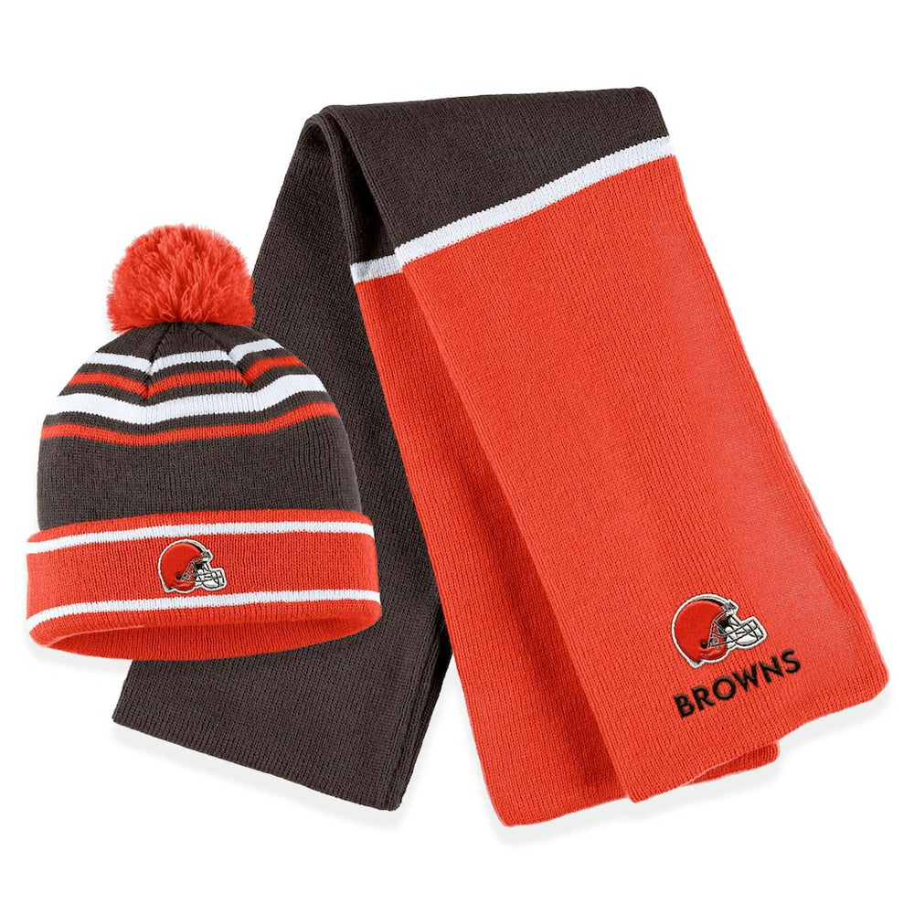 Cleveland Browns WEAR by Erin Andrews Women's Colorblock Cuffed Knit Hat with Pom and Scarf Set Orange - NFL