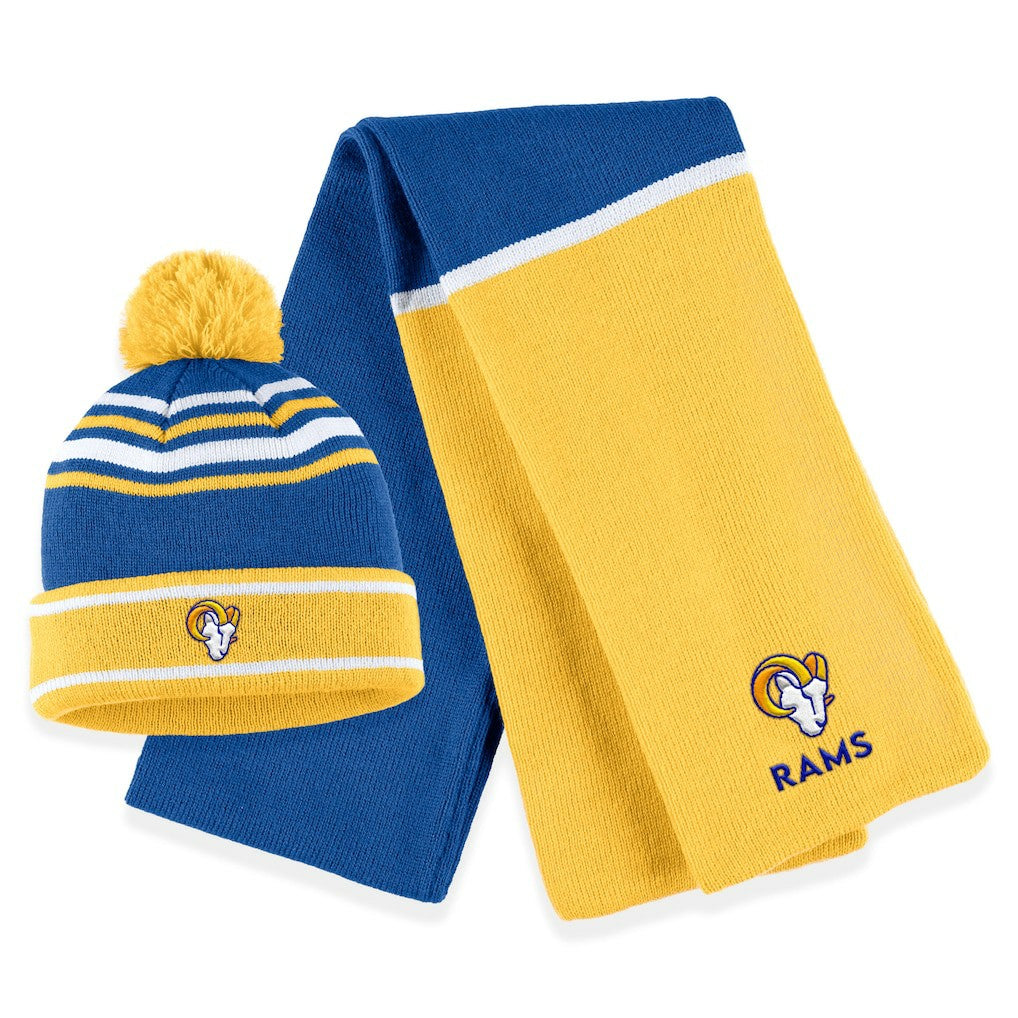 Los Angeles Rams WEAR by Erin Andrews Women's Colorblock Cuffed Knit Hat with Pom and Scarf Set Royal - NFL