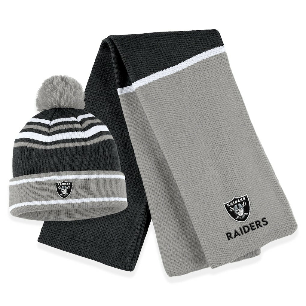 Las Vegas Raiders WEAR by Erin Andrews Women's Colorblock Cuffed Knit Hat with Pom and Scarf Set Black - NFL