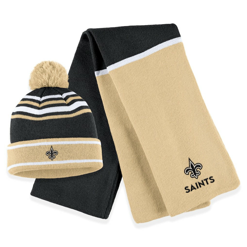 New Orleans Saints WEAR by Erin Andrews Women's Colorblock Cuffed Knit Hat with Pom and Scarf Set Black - NFL