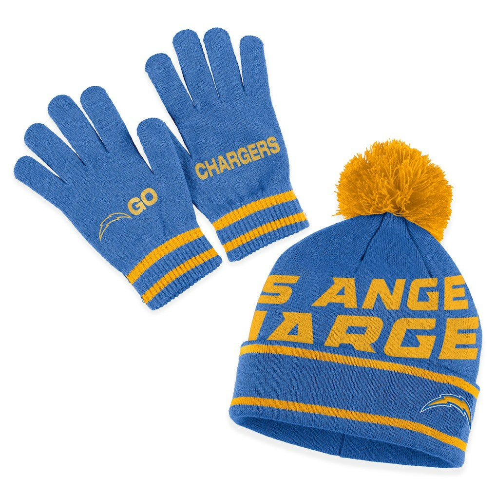 Los Angeles Chargers WEAR by Erin Andrews Women's Double Jacquard Cuffed Knit Hat with Pom and Gloves Set Powder Blue - NFL