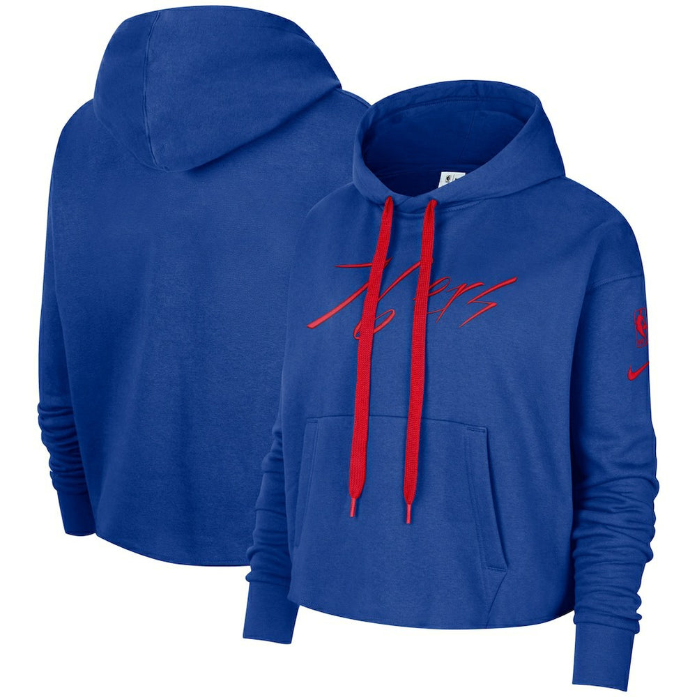 Nike - Philadelphia 76ers Women's Split Flip Courtside Cropped Pullover Hoodie - Royal