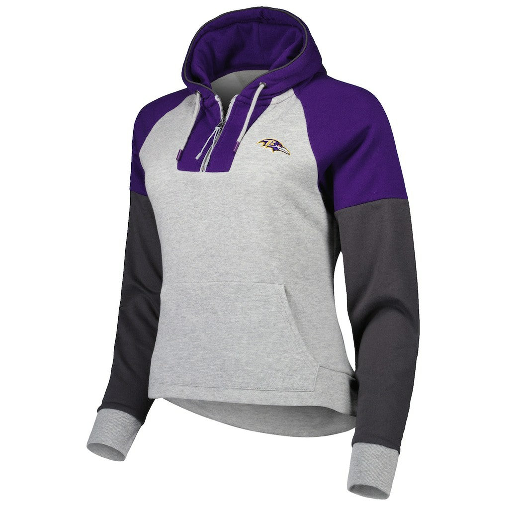 Baltimore Ravens Antigua Women's Lightweight Jackpot Raglan Half-Zip Pullover Hoodie Heather Gray - NFL
