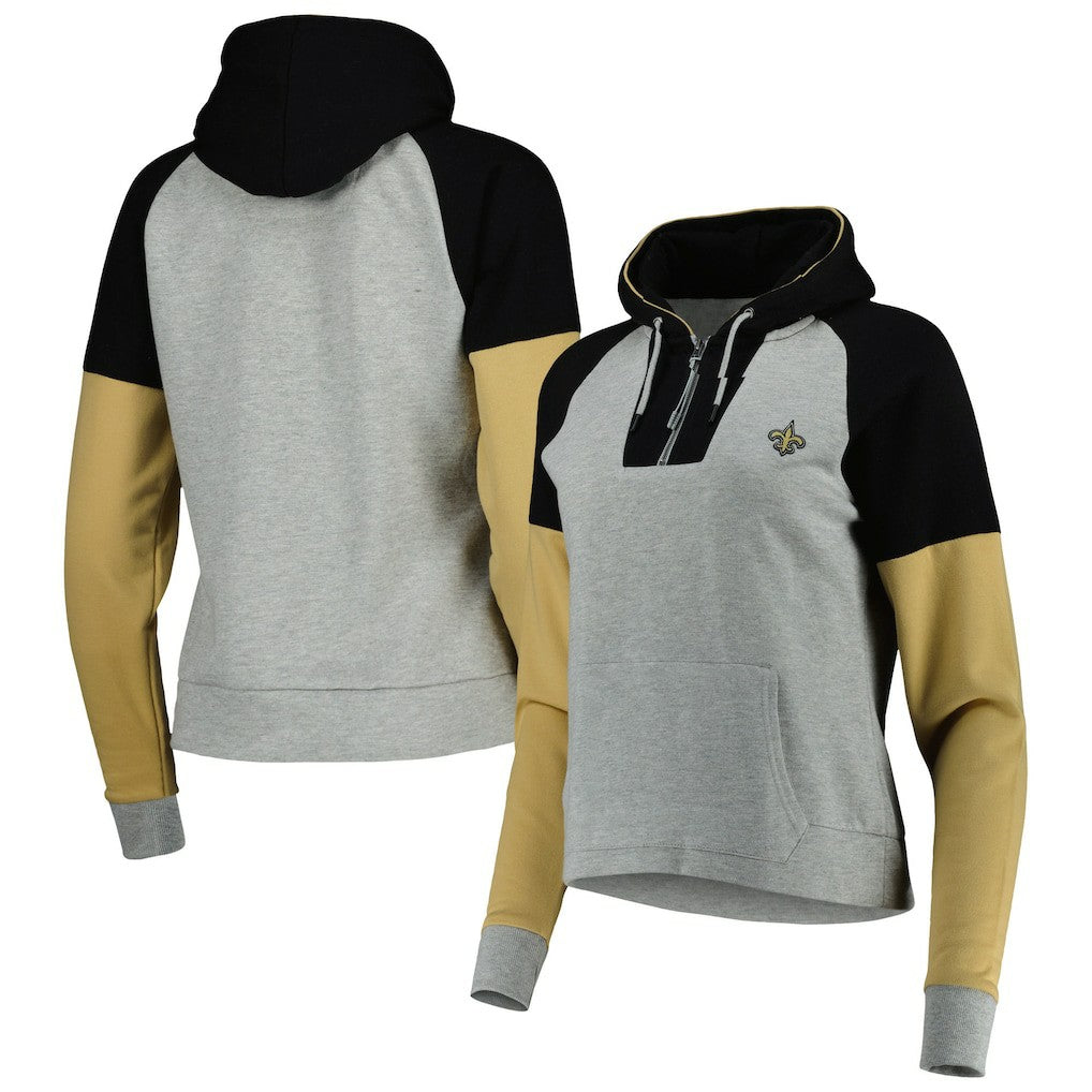 New Orleans Saints Antigua Women's Lightweight Jackpot Raglan Half-Zip Pullover Hoodie Heather Gray - NFL