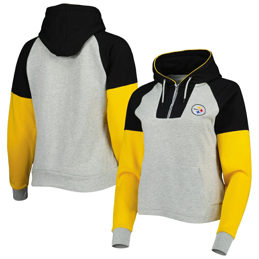 Pittsburgh Steelers Antigua Women's Lightweight Jackpot Raglan Half-Zip Pullover Hoodie Heather Gray - NFL