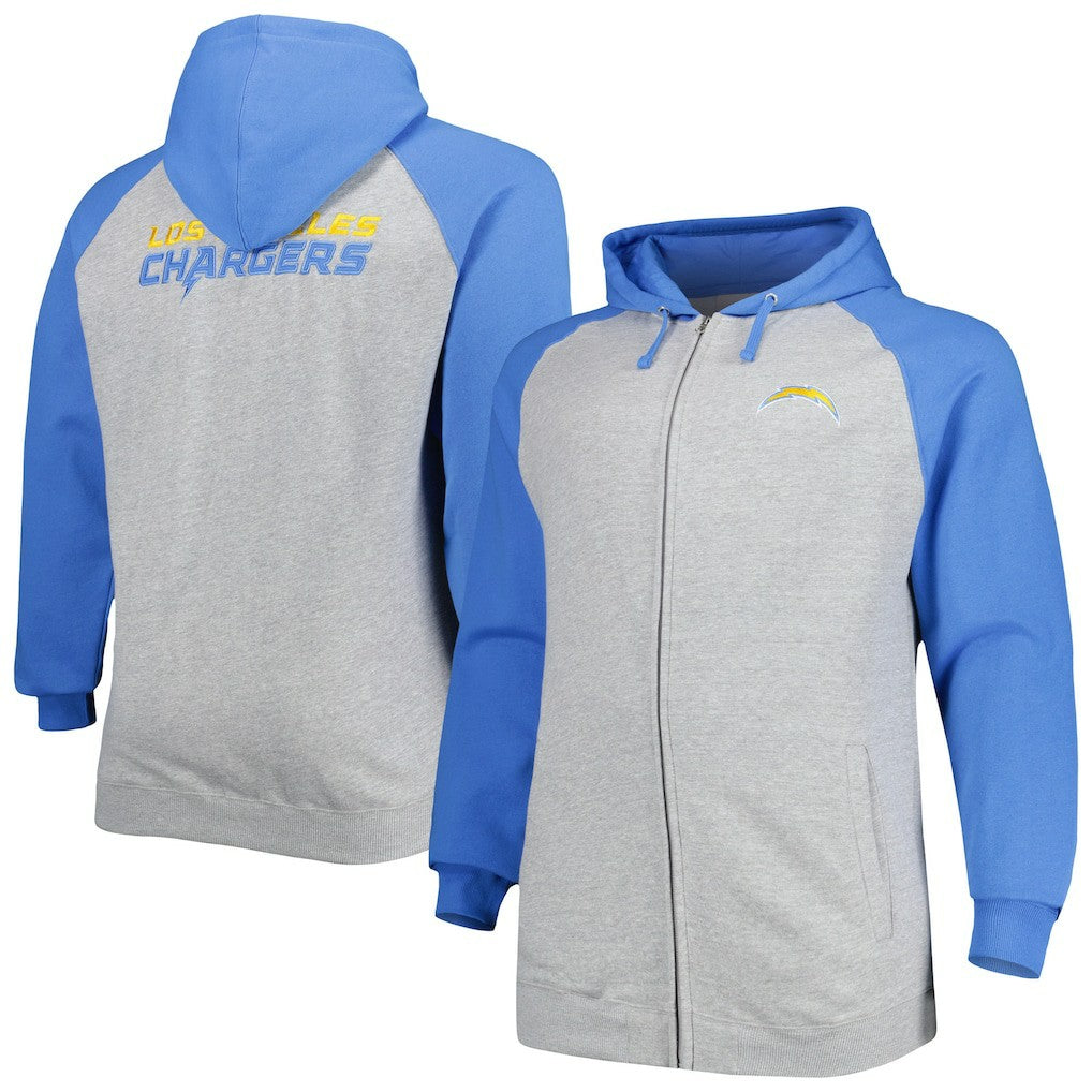Los Angeles Chargers Big & Tall Fleece Raglan Full-Zip Hoodie Jacket Heather Gray - Fanatics