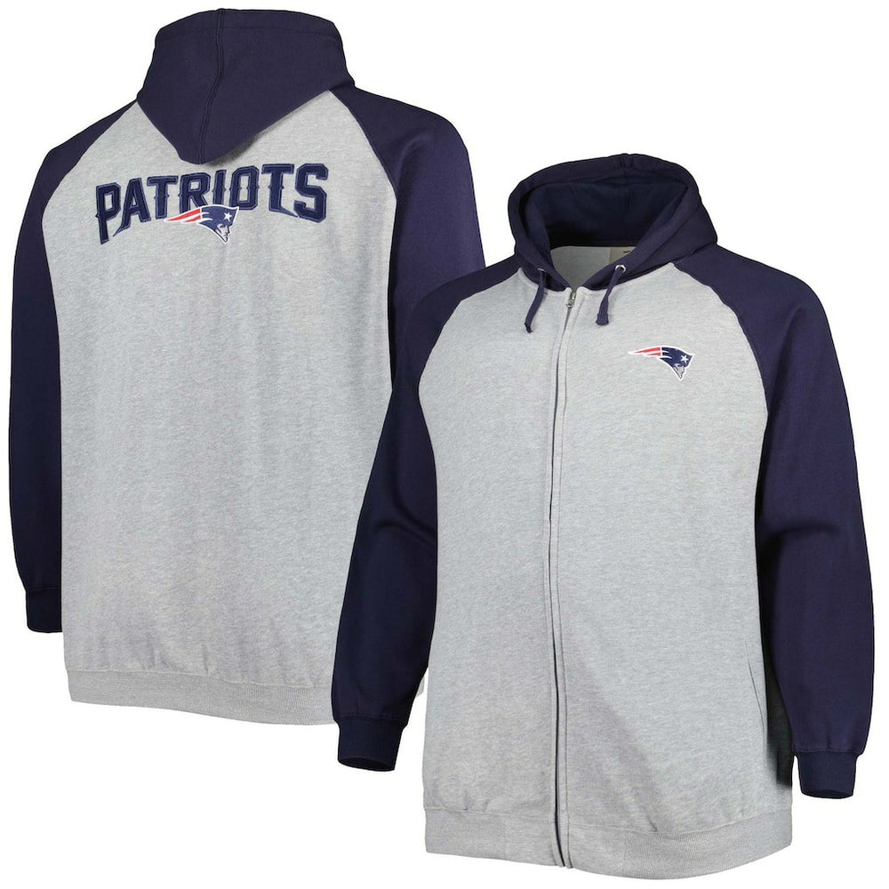 New England Patriots Big & Tall Fleece Raglan Full-Zip Hoodie Jacket Heather Gray - NFL