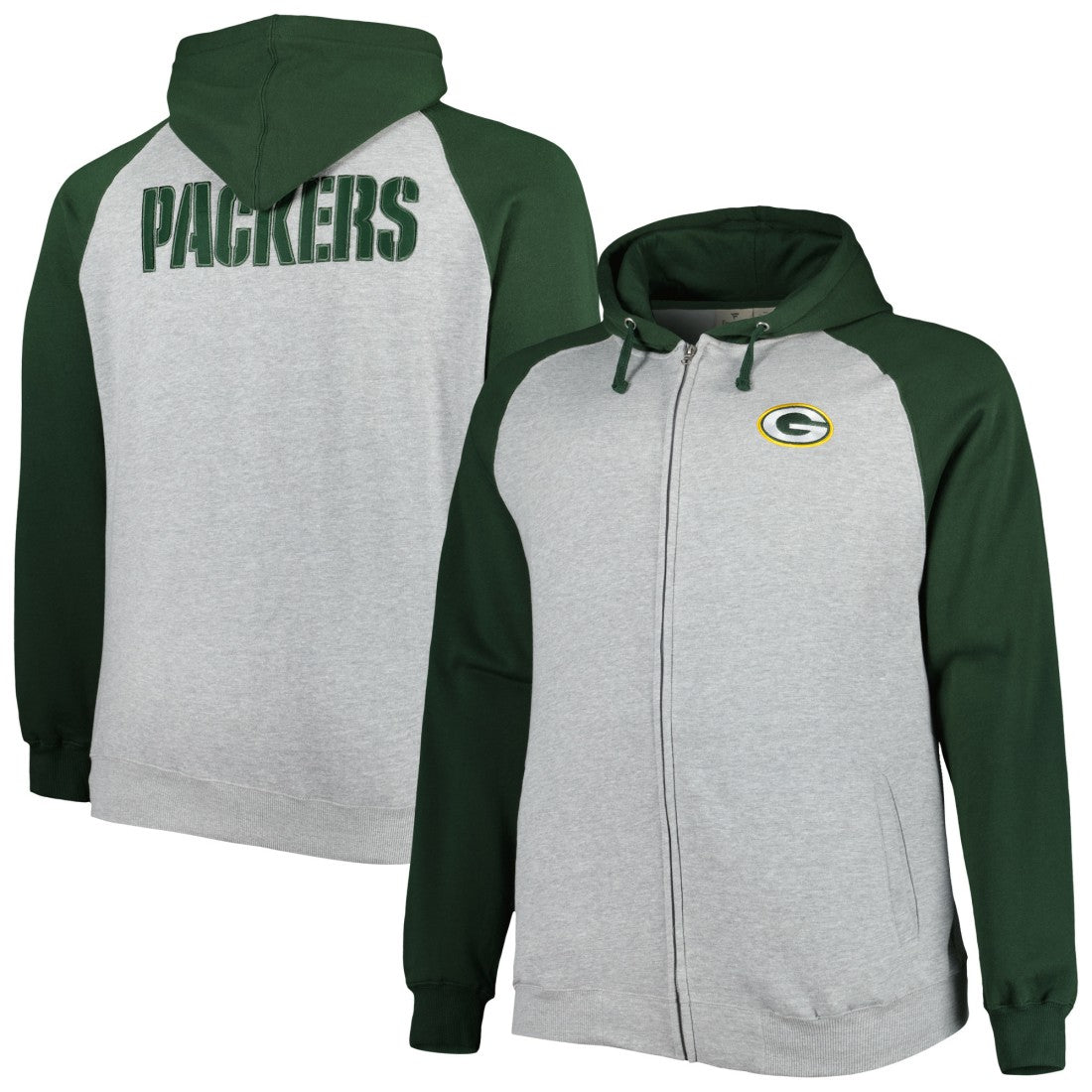 Green Bay Packers Big & Tall Fleece Raglan Full-Zip Hoodie Jacket Heather Gray - NFL