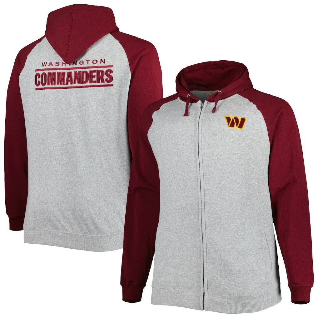 Washington Commanders Big & Tall Fleece Raglan Full-Zip Hoodie Jacket Heather Gray - NFL