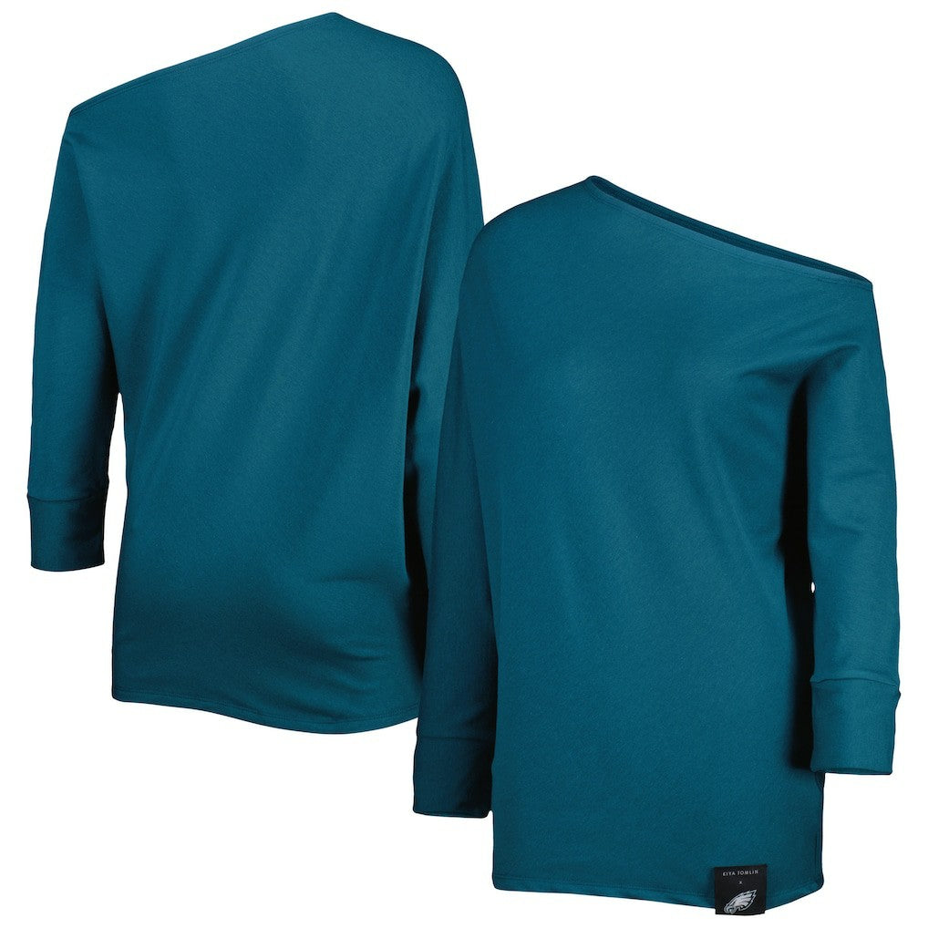 Philadelphia Eagles KIYA TOMLIN Women's Twisted Tri-Blend Asymmetrical 3/4-Dolman Sleeve Sweatshirt Midnight Green - NFL
