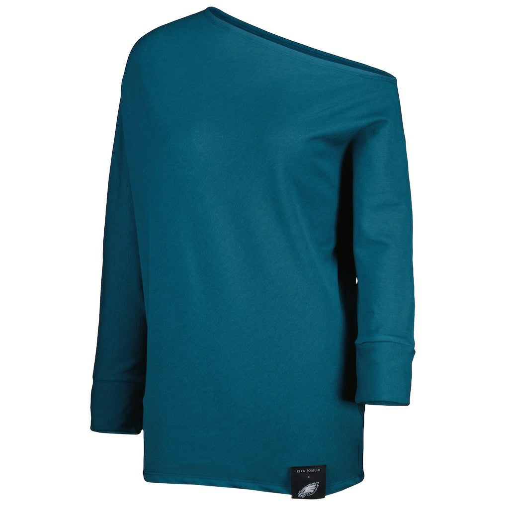 Philadelphia Eagles KIYA TOMLIN Women's Twisted Tri-Blend Asymmetrical 3/4-Dolman Sleeve Sweatshirt Midnight Green - NFL