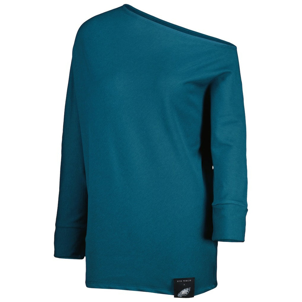 Philadelphia Eagles KIYA TOMLIN Women's Twisted Tri-Blend Asymmetrical 3/4-Dolman Sleeve Sweatshirt Midnight Green - NFL