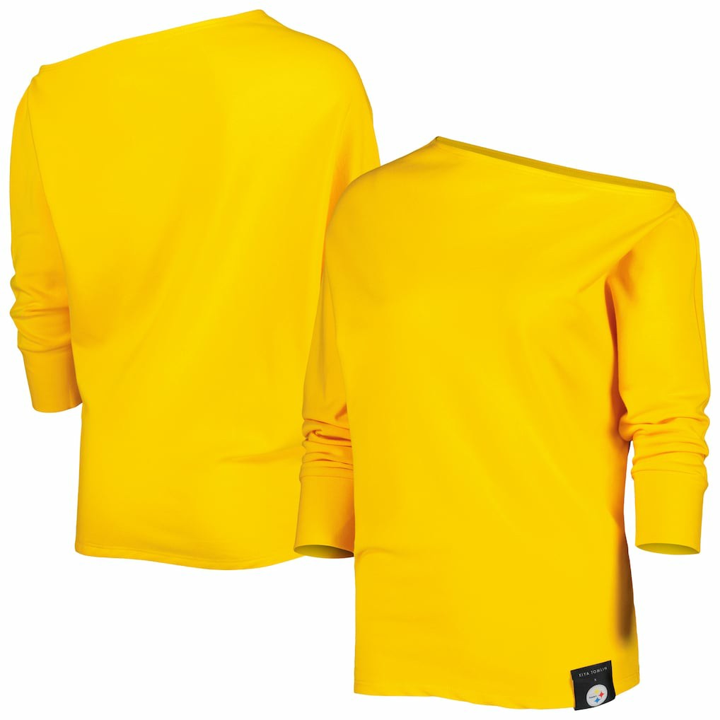 Pittsburgh Steelers KIYA TOMLIN Women's Twisted Tri-Blend Asymmetrical 3/4-Dolman Sleeve Sweatshirt Gold - NFL