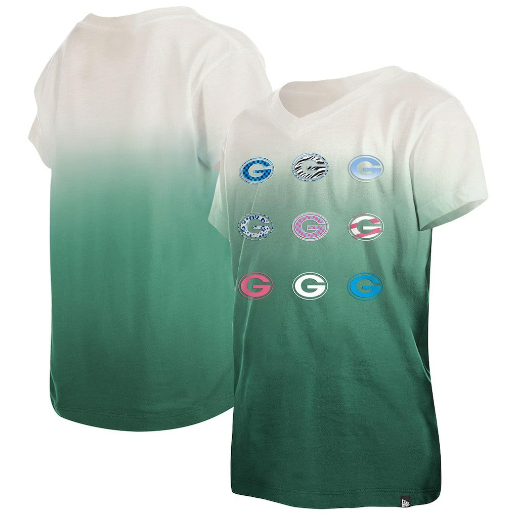 Green Bay Packers New Era Youth Multi Logo Ombre V-Neck T-Shirt Green - NFL