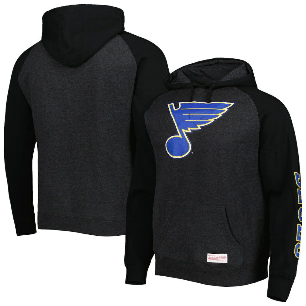 St. Louis Blues - Mitchell & Ness Distressed Logo Raglan Pullover Hoodie Heather Black
