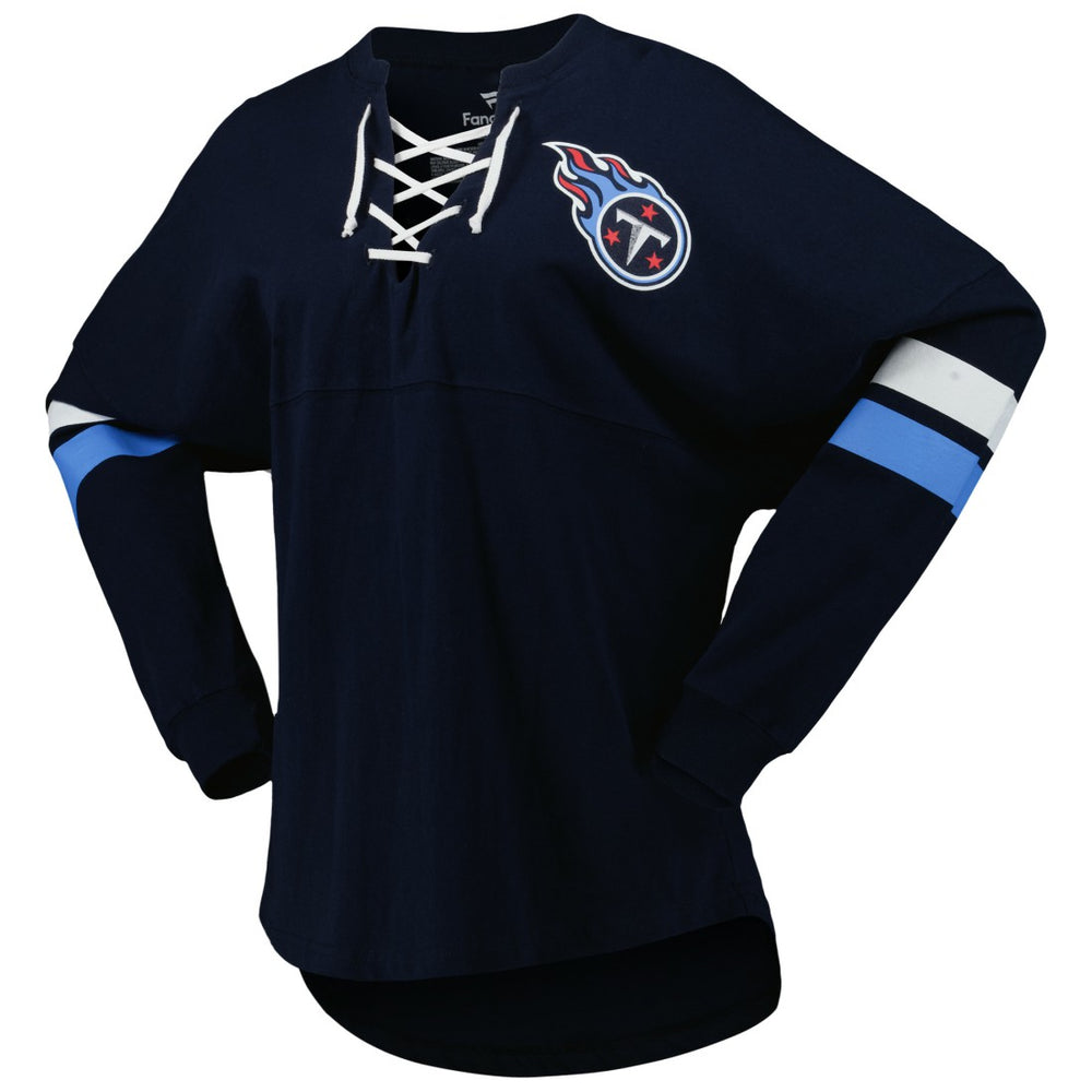 Tennessee Titans Women's Spirit Jersey Lace-Up V-Neck Long Sleeve T-Shirt Navy - Fanatics
