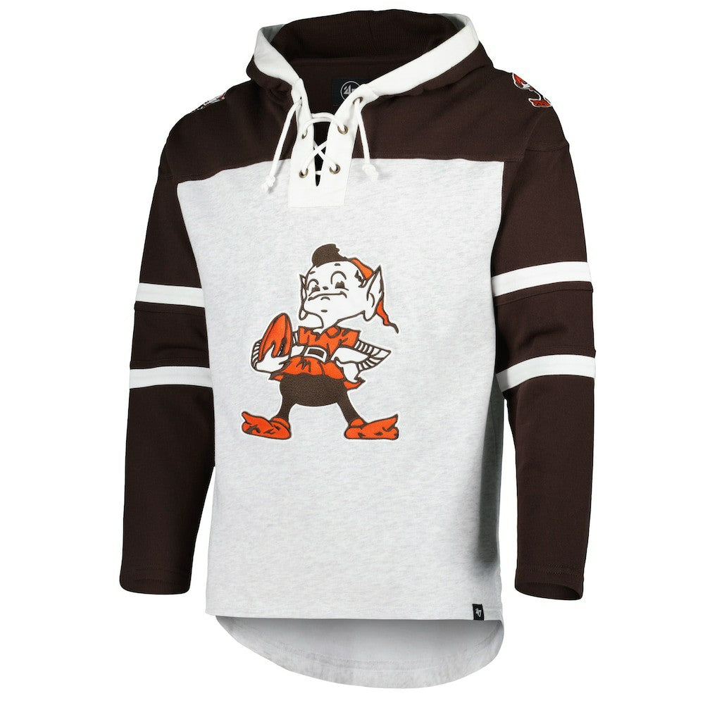 Cleveland Browns '47 Brownie The Elf Historic Logo Gridiron Lace-Up Pullover Hoodie Heather Gray - 47 brand