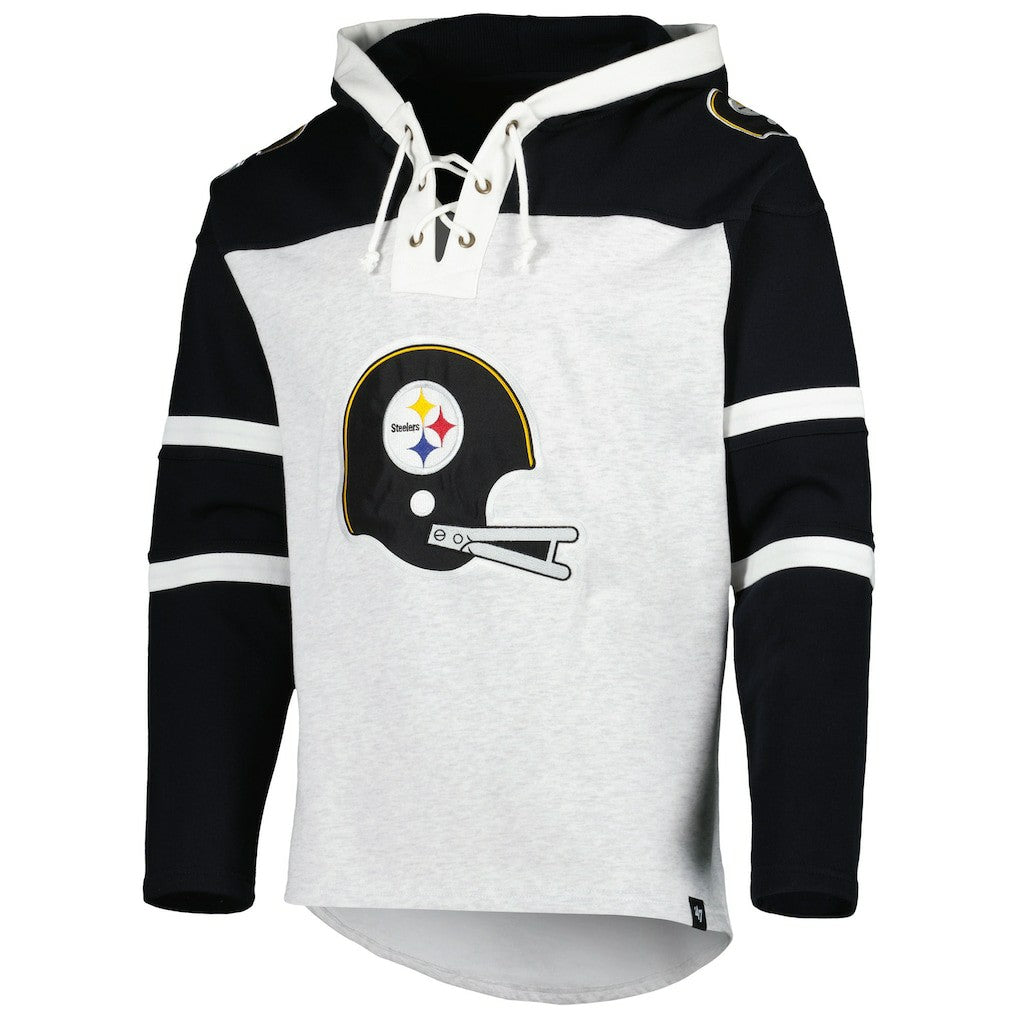 Pittsburgh Steelers '47 Historic Logo Gridiron Lace-Up Pullover Hoodie Heather Gray - 47 brand