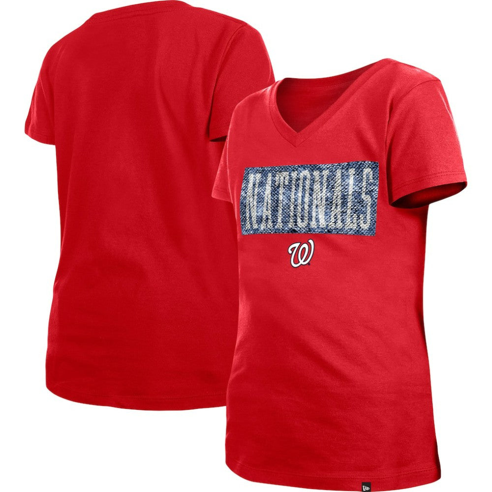 Washington Nationals New Era Girls Youth Flip Sequin Team V-Neck T-Shirt Sale