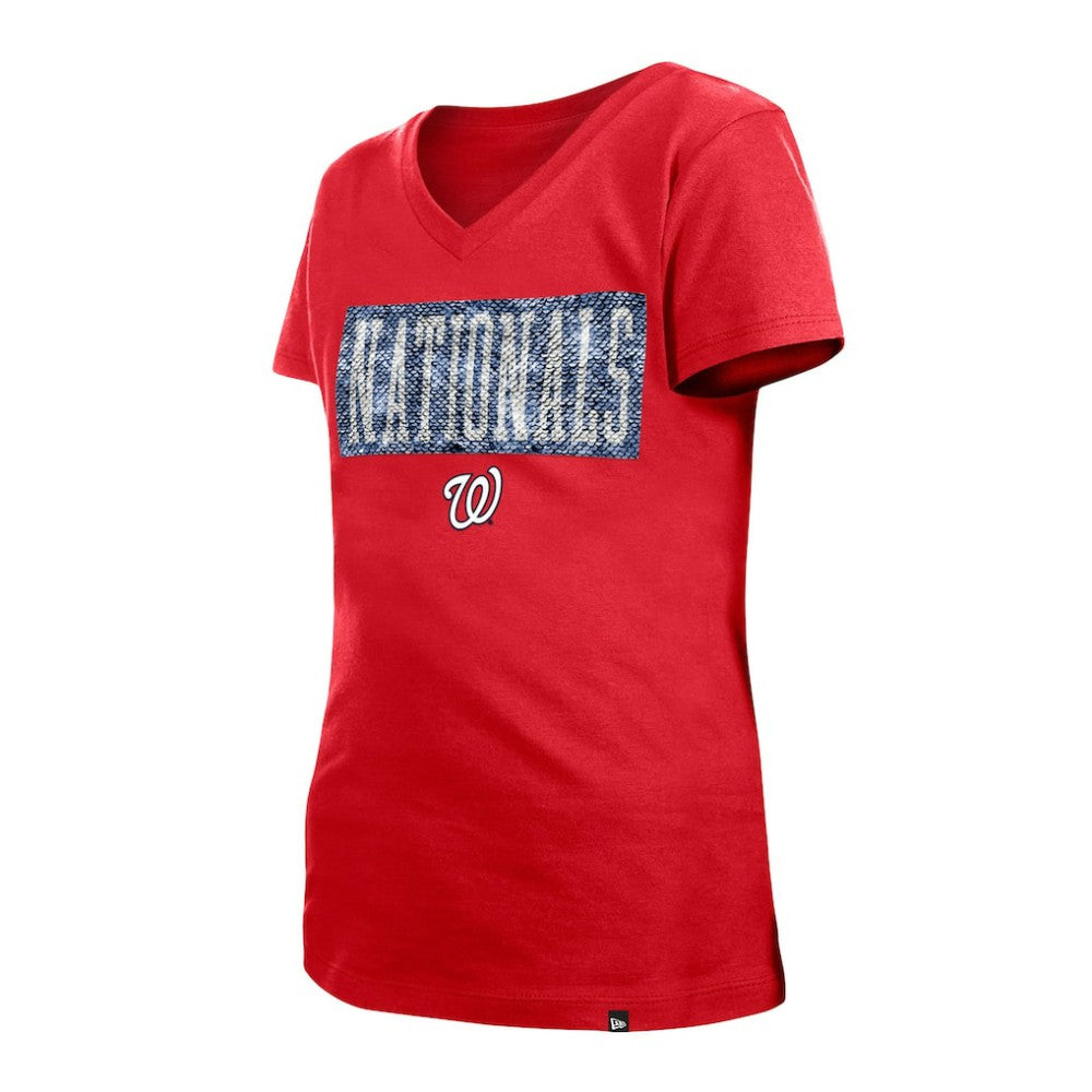 Washington Nationals New Era Girls Youth Flip Sequin Team V-Neck T-Shirt Sale