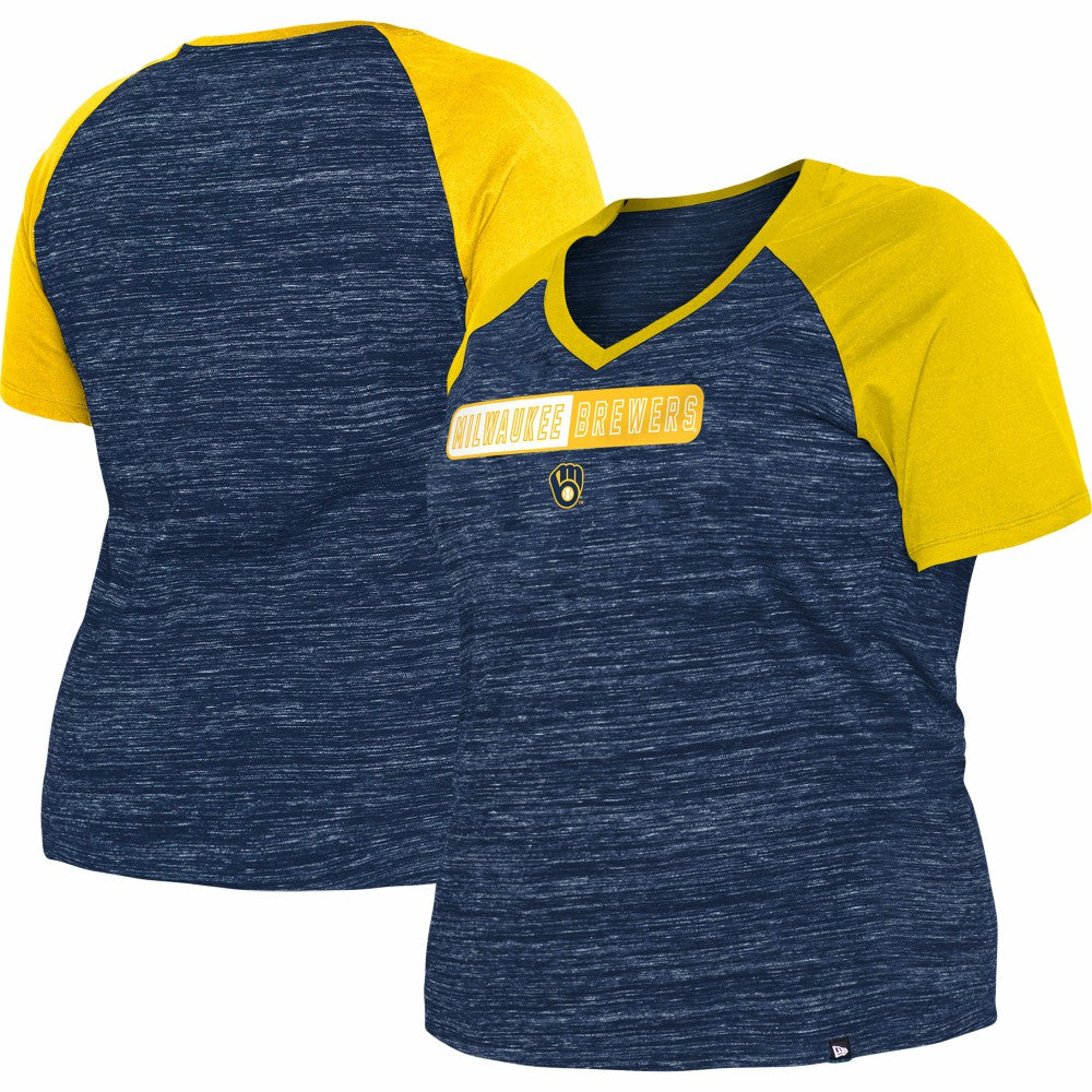 Milwaukee Brewers New Era Women's Plus Size Space Dye Raglan V-Neck T-Shirt Clearance
