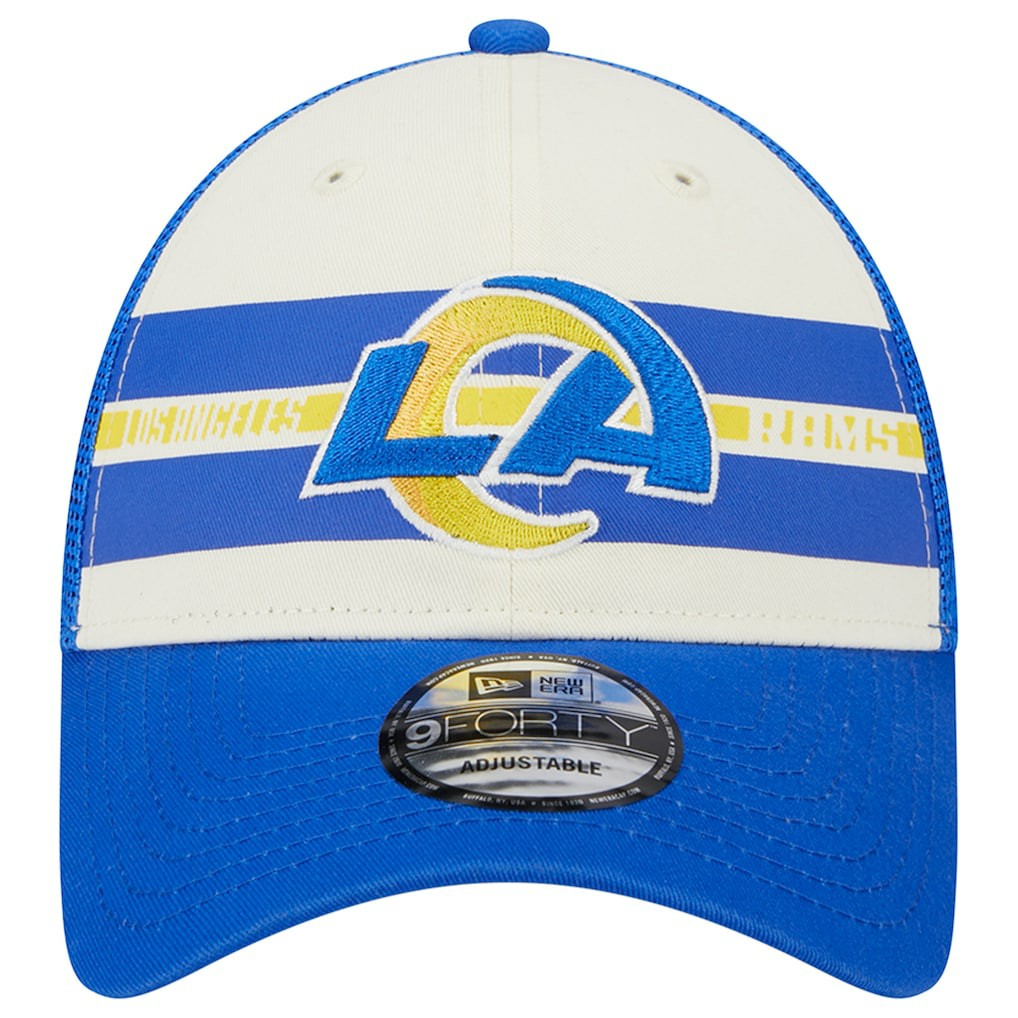 Los Angeles Rams New Era Team Stripe Trucker 9FORTY Snapback Hat Cream/Royal - NFL