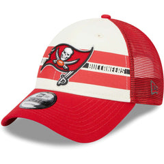Tampa Bay Buccaneers New Era Team Stripe Trucker 9FORTY Snapback Hat Cream/Red - NFL