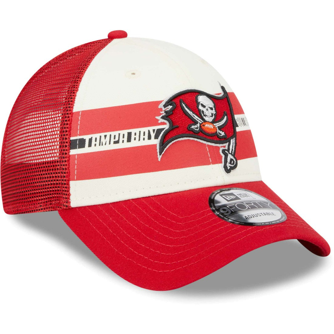 Tampa Bay Buccaneers New Era Team Stripe Trucker 9FORTY Snapback Hat Cream/Red - NFL