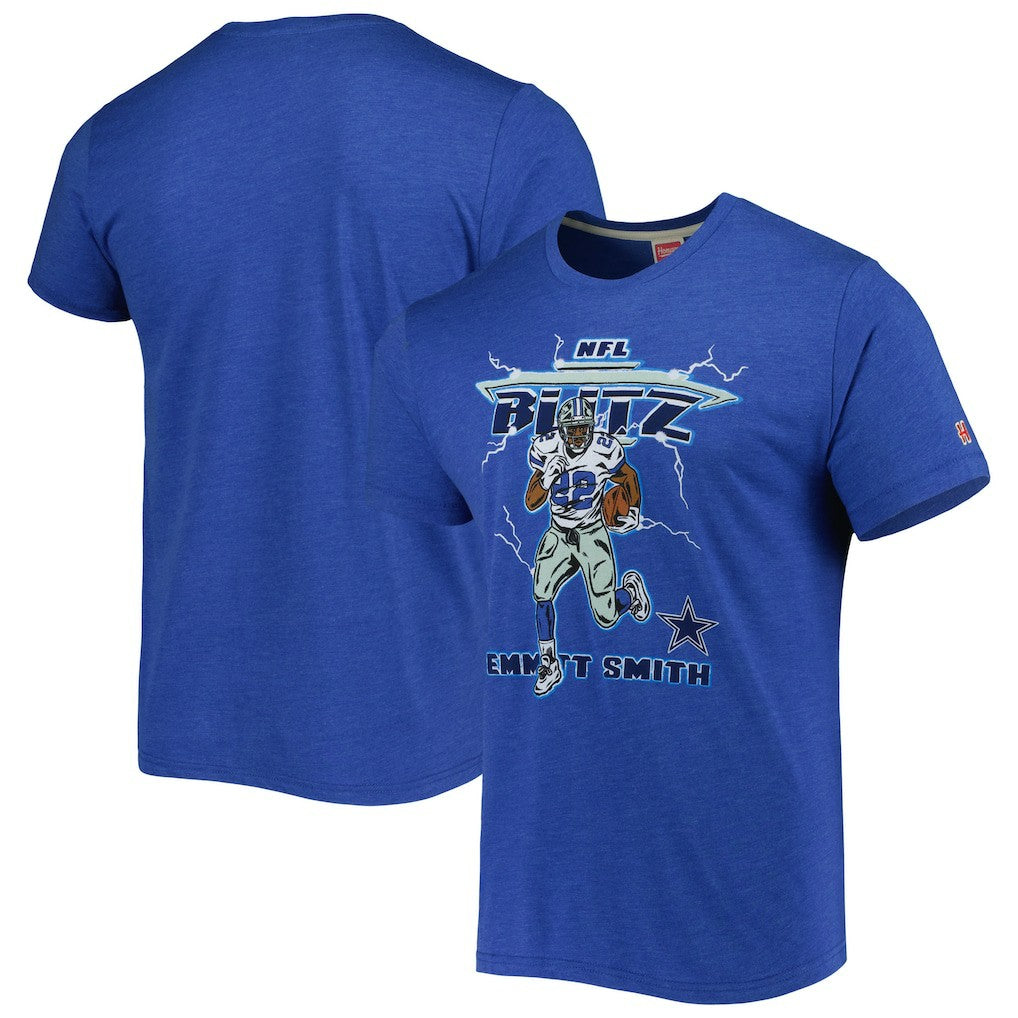 Emmitt Smith Dallas Cowboys Homage Unisex NFL Blitz Retired Player Tri-Blend T-Shirt Heathered Heather Royal - NFL