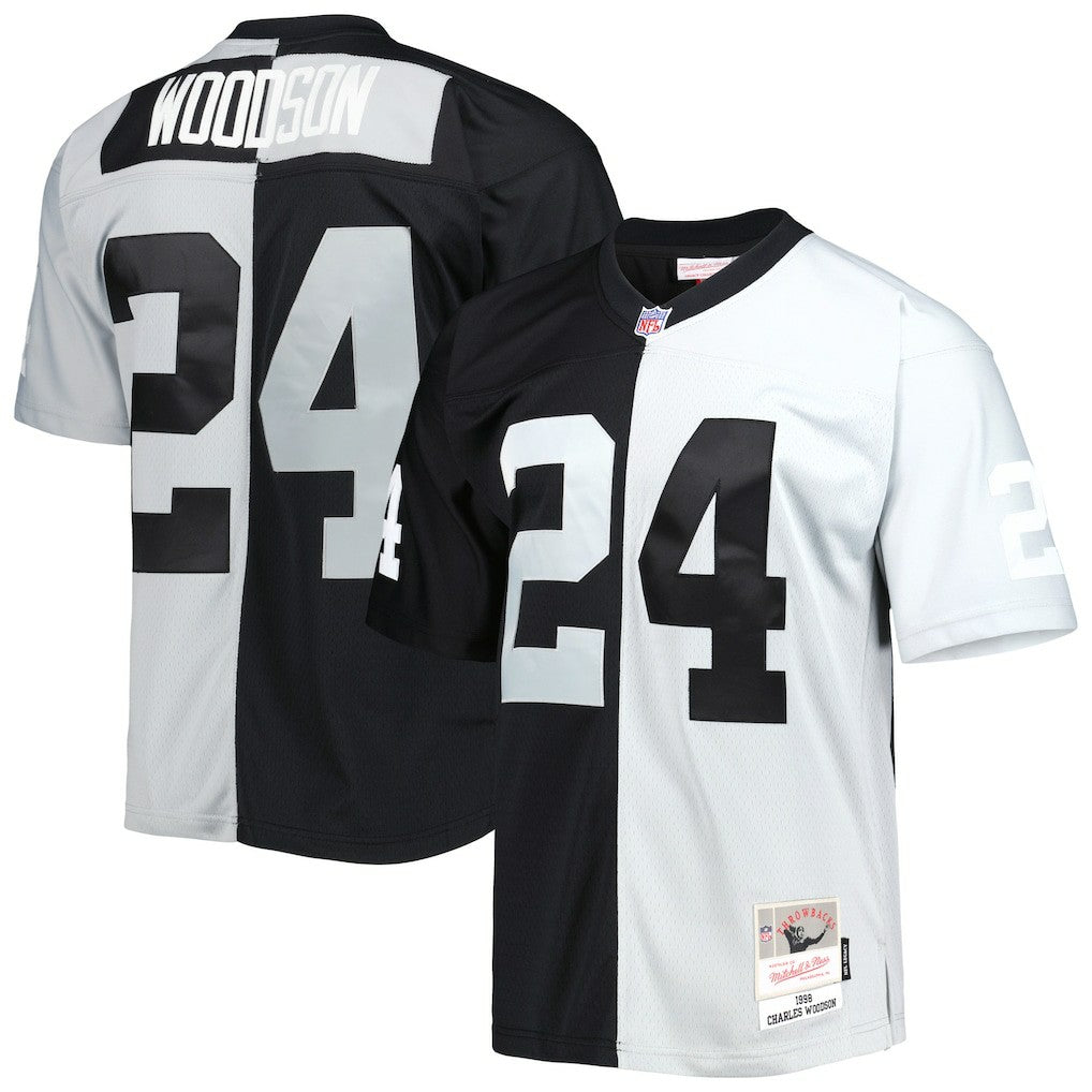 Charles Woodson Las Vegas Raiders 1998 Split Legacy Replica Jersey Black/Silver - Mitchell & Ness