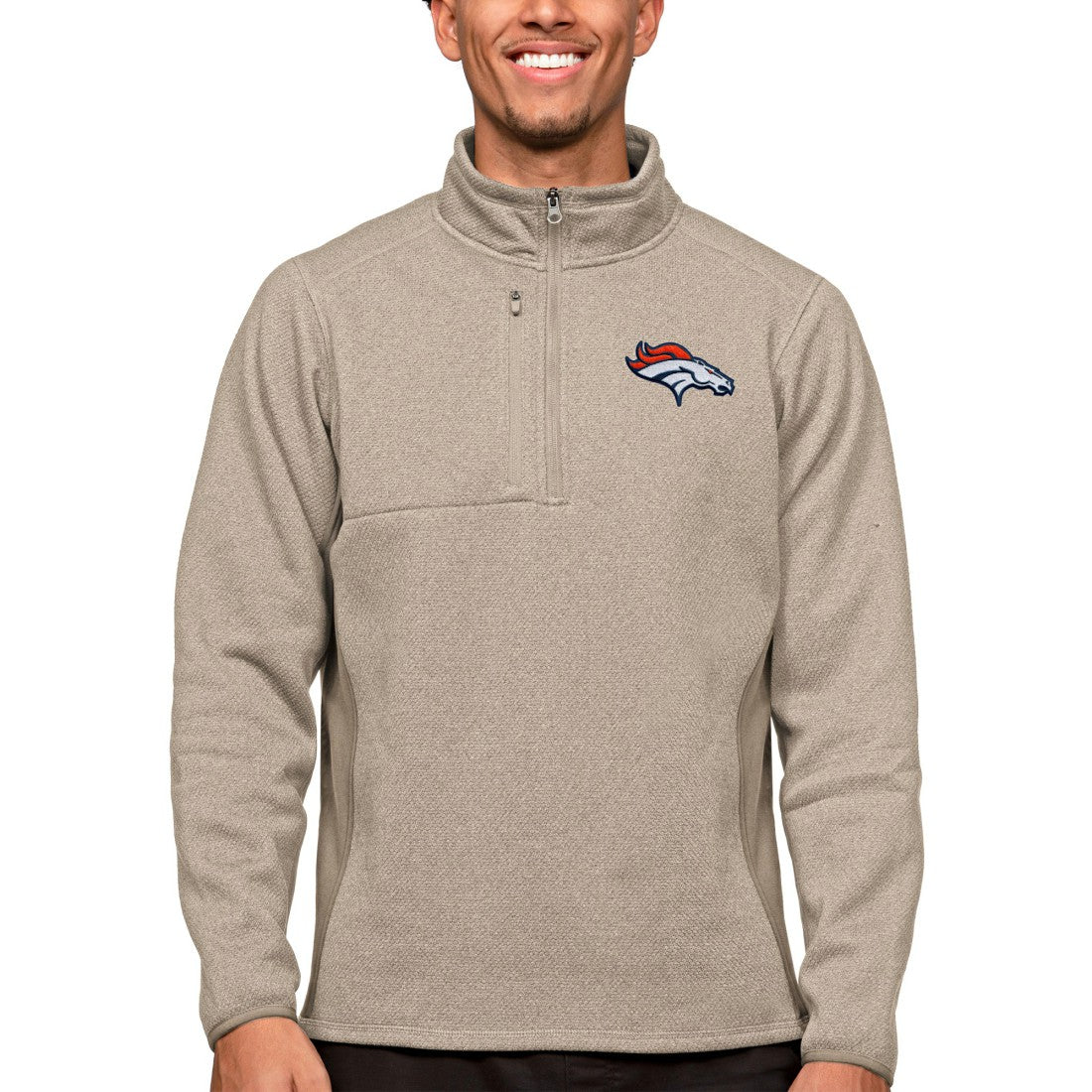 Denver Broncos Antigua Course Quarter-Zip Pullover Top Oatmeal - NFL