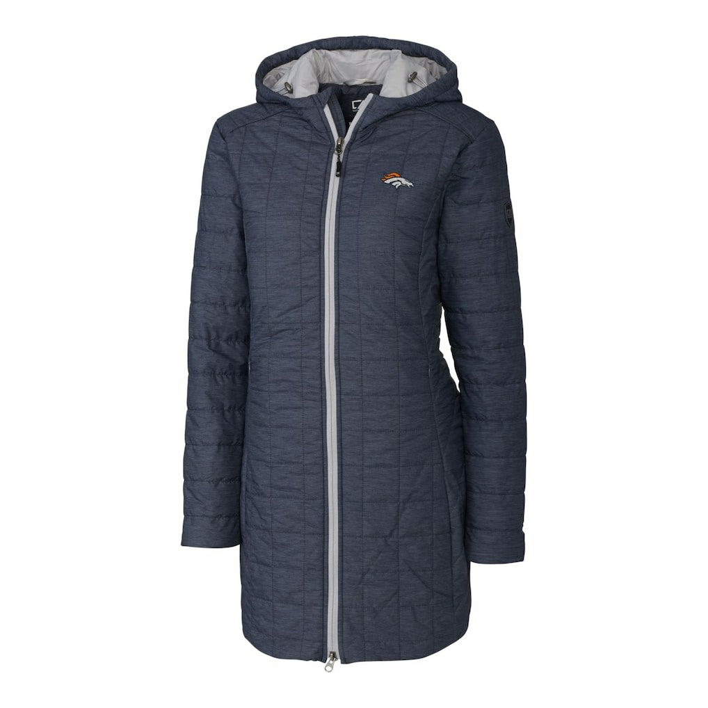 Denver Broncos Cutter & Buck Women's Rainier Primaloft Eco Hooded Long Lightweight Coat Heather Navy - NFL