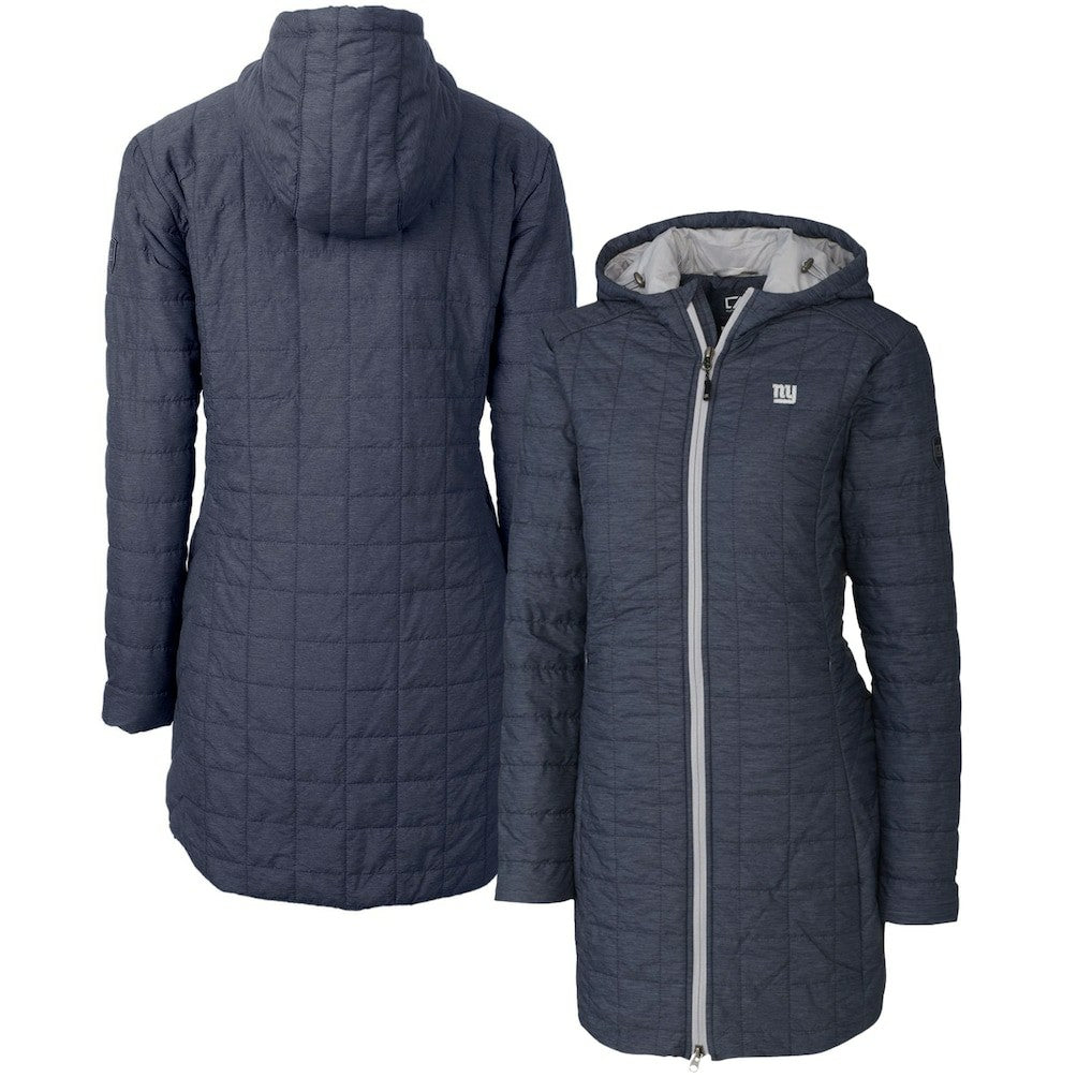 New York Giants Cutter & Buck Women's Rainier Primaloft Eco Hooded Long Lightweight Coat Heather Navy - NFL