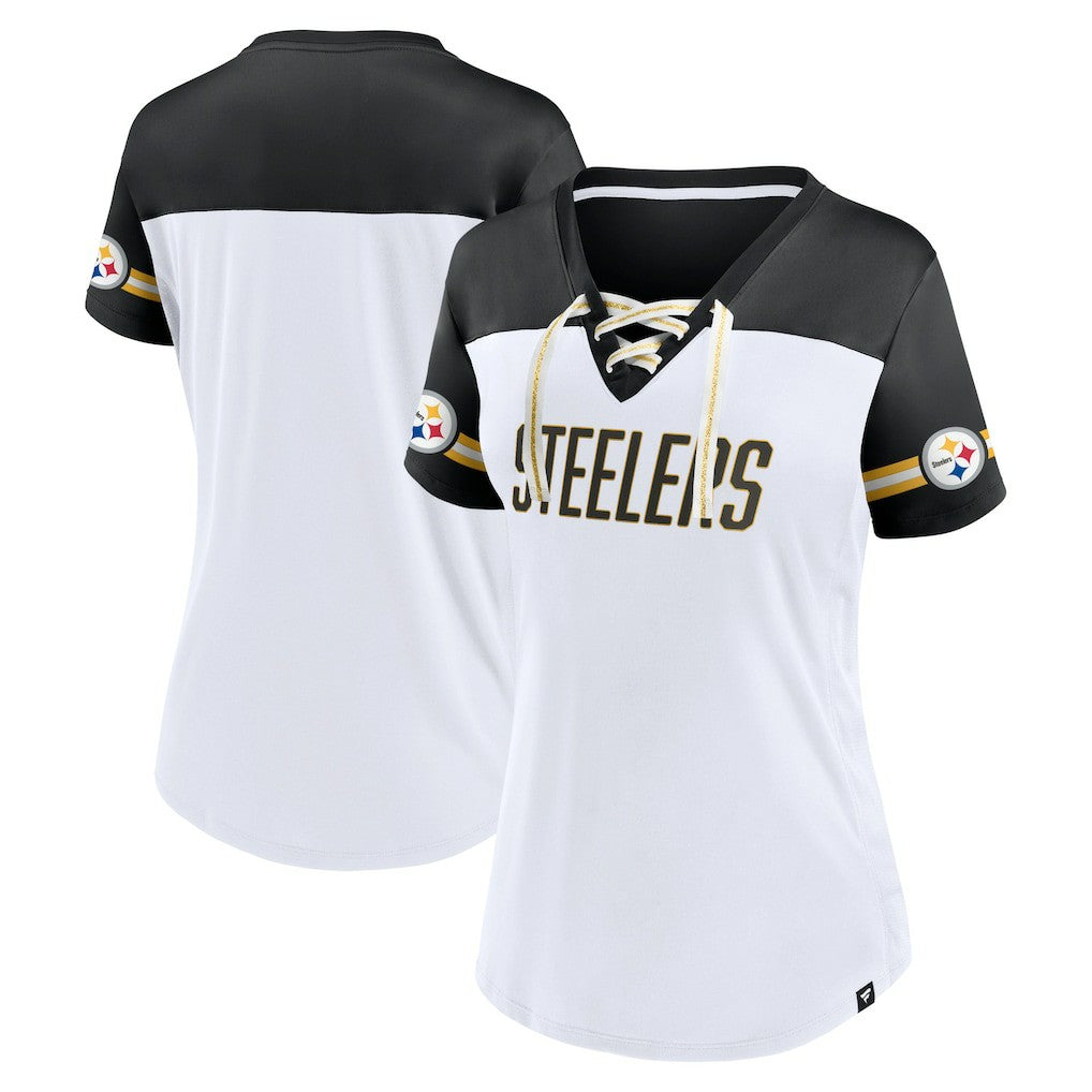 Pittsburgh Steelers Women's Dueling Slant V-Neck Lace-Up T-Shirt White - Fanatics