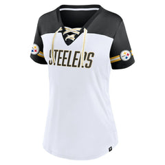 Pittsburgh Steelers Women's Dueling Slant V-Neck Lace-Up T-Shirt White - Fanatics
