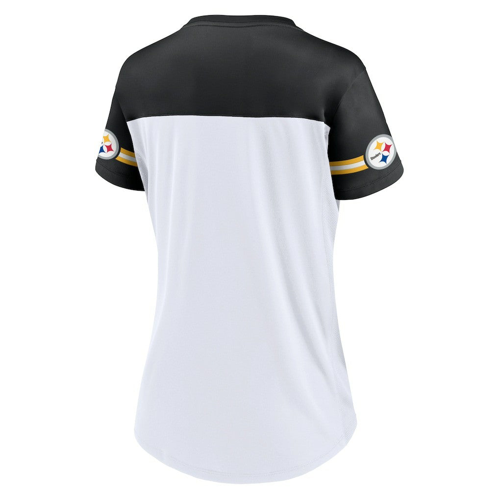 Pittsburgh Steelers Women's Dueling Slant V-Neck Lace-Up T-Shirt White - Fanatics