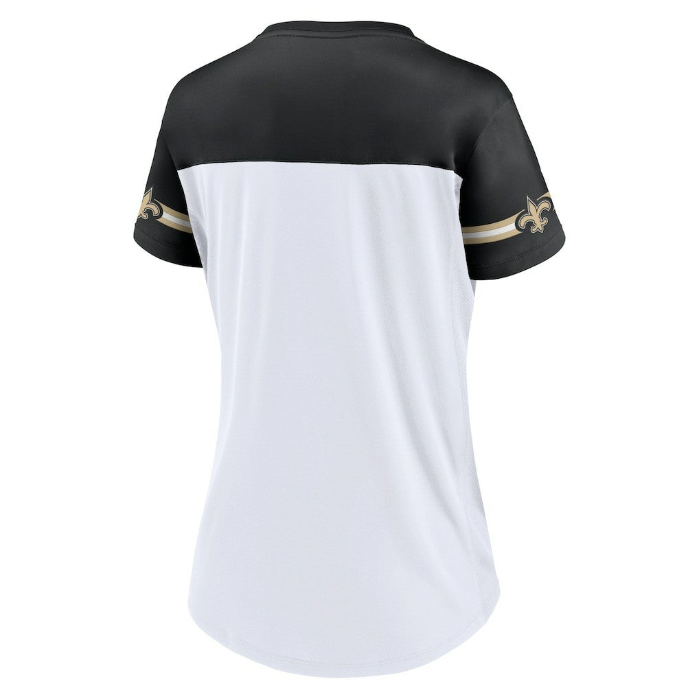 New Orleans Saints Women's Dueling Slant V-Neck Lace-Up T-Shirt White - Fanatics