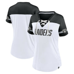 Las Vegas Raiders Women's Dueling Slant V-Neck Lace-Up T-Shirt White - Fanatics