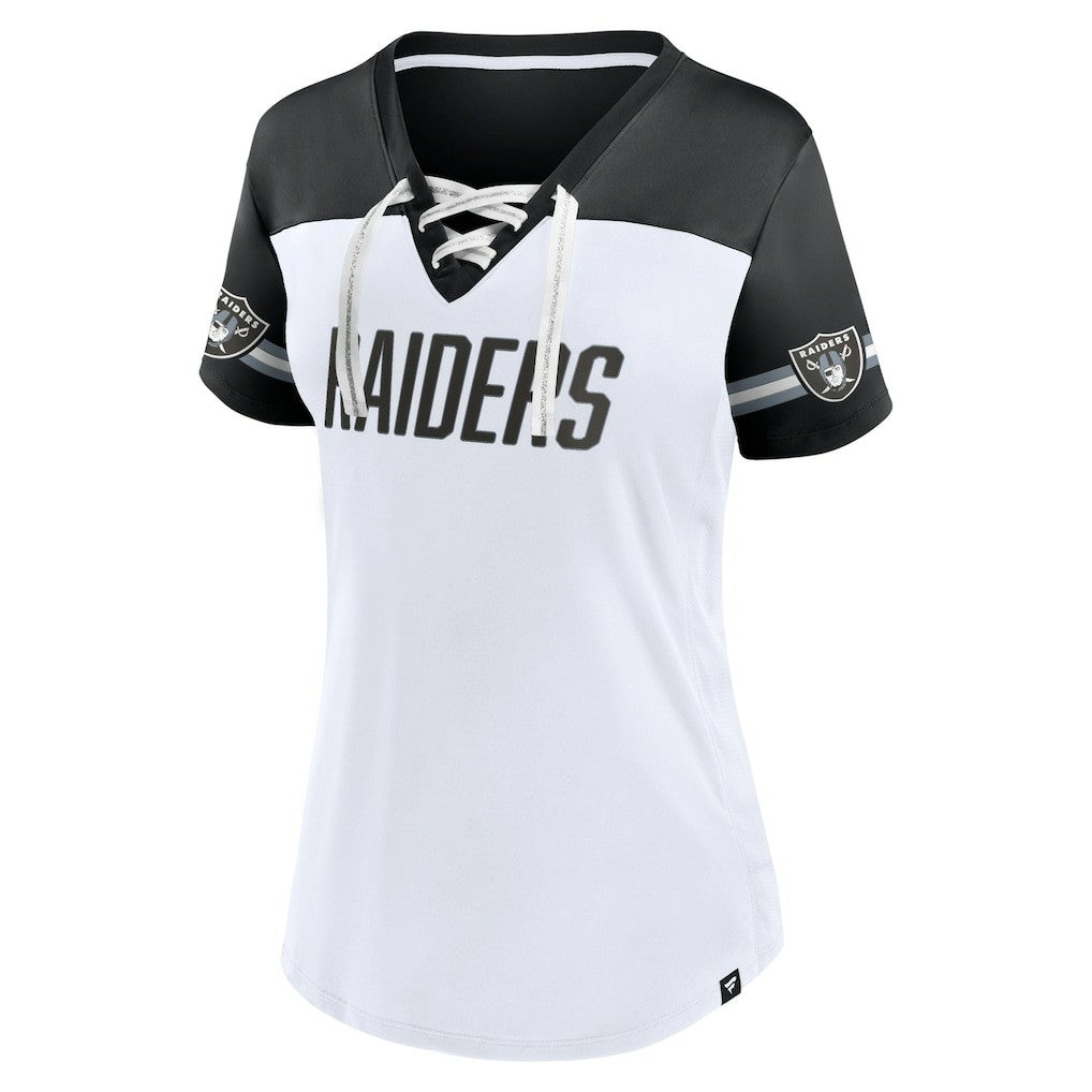 Las Vegas Raiders Women's Dueling Slant V-Neck Lace-Up T-Shirt White - Fanatics