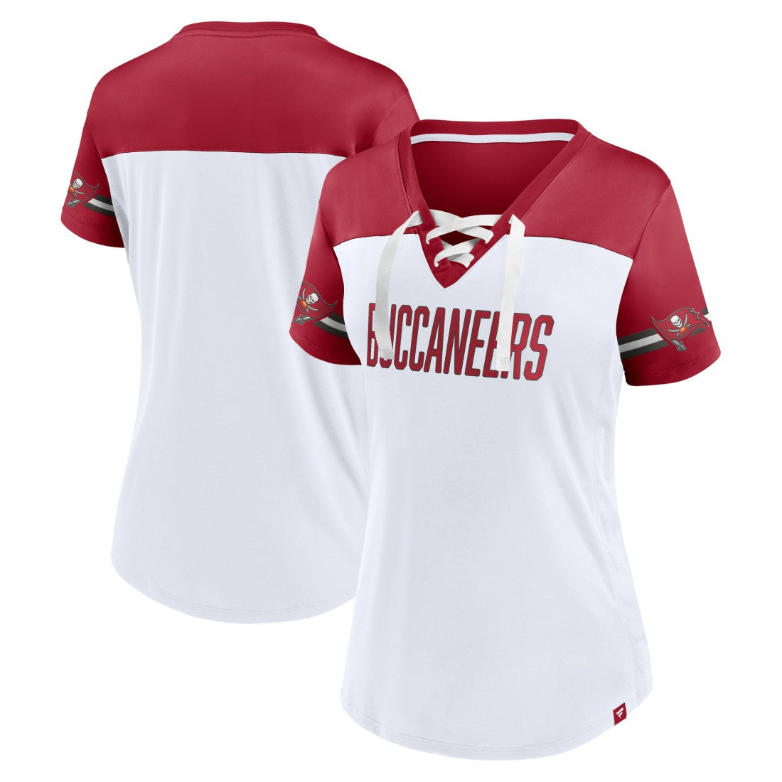 Tampa Bay Buccaneers Women's Dueling Slant V-Neck Lace-Up T-Shirt White - Fanatics