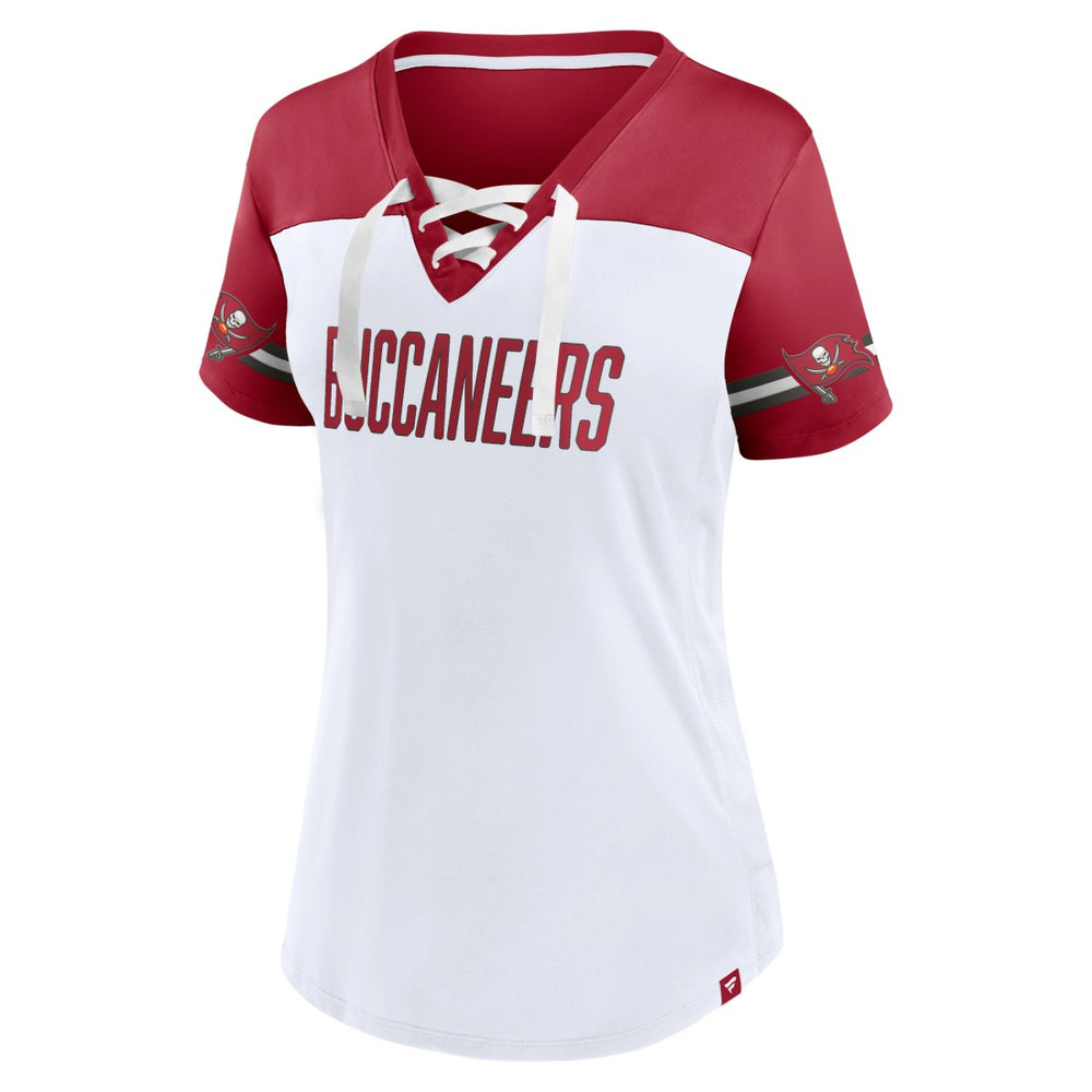 Tampa Bay Buccaneers Women's Dueling Slant V-Neck Lace-Up T-Shirt White - Fanatics