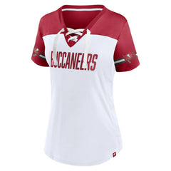 Tampa Bay Buccaneers Women's Dueling Slant V-Neck Lace-Up T-Shirt White - Fanatics